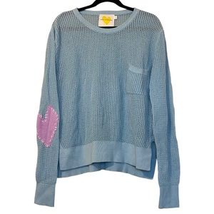 Anthropologie x KR Light Blue Open Knit Sweater Elbow Heart Stitch